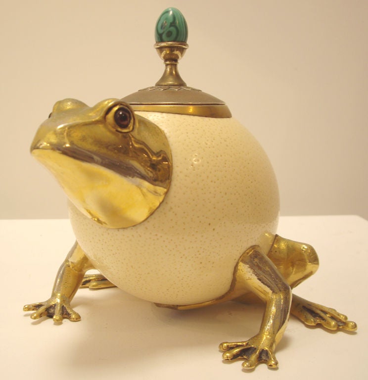 Ostrich egg frog vessel with malachite finial by Anthony Redmile.