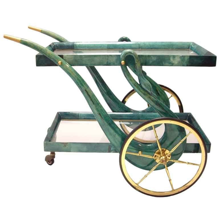 Aldo Tura - Lacquered Goatskin and Brass Rolling Cart