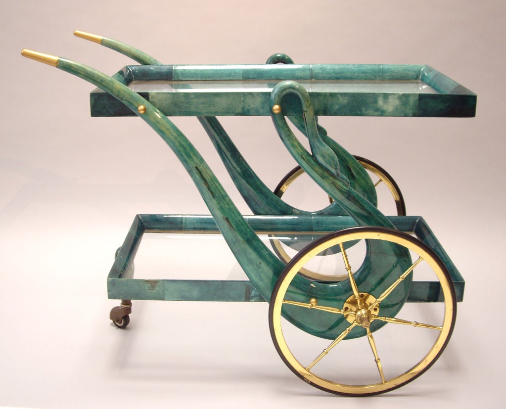 Beautiful lacquered goatskin and brass cart by Italian designer Aldo Tura.