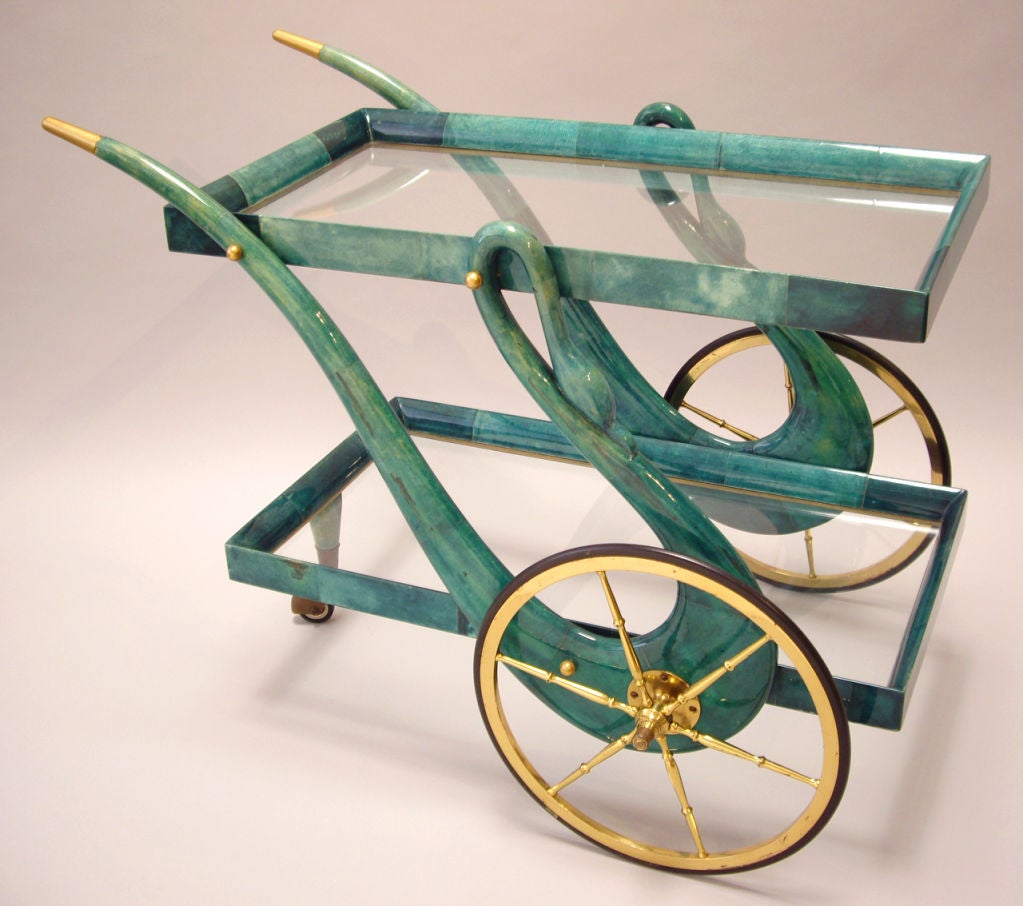 Italian Aldo Tura - Lacquered Goatskin and Brass Rolling Cart