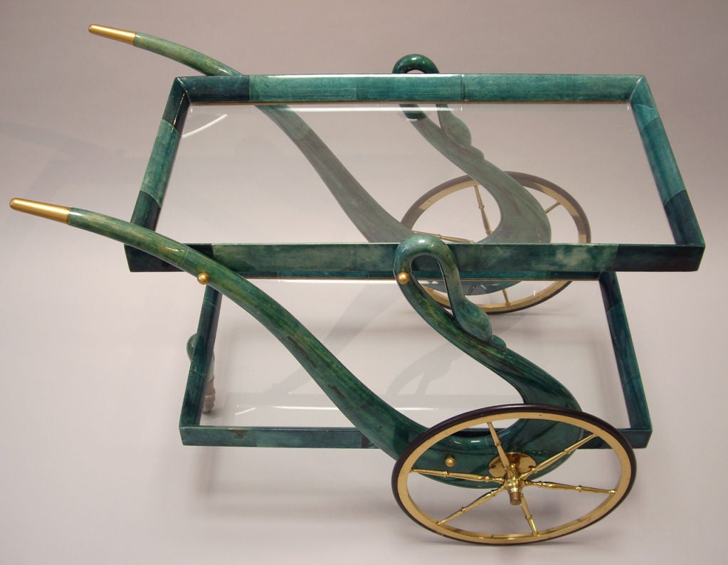 Aldo Tura - Lacquered Goatskin and Brass Rolling Cart 1