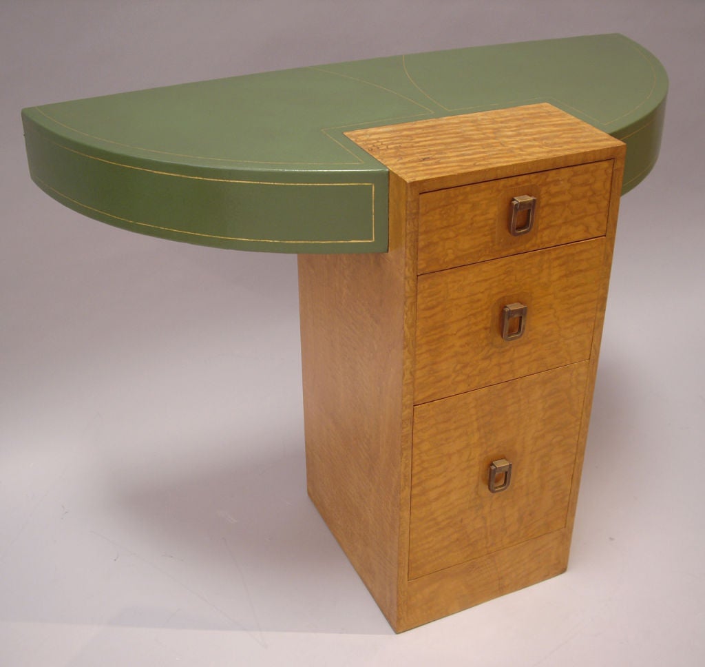 Demi-lune console with leather top, oak base and brass pulls by Johann Tapp.