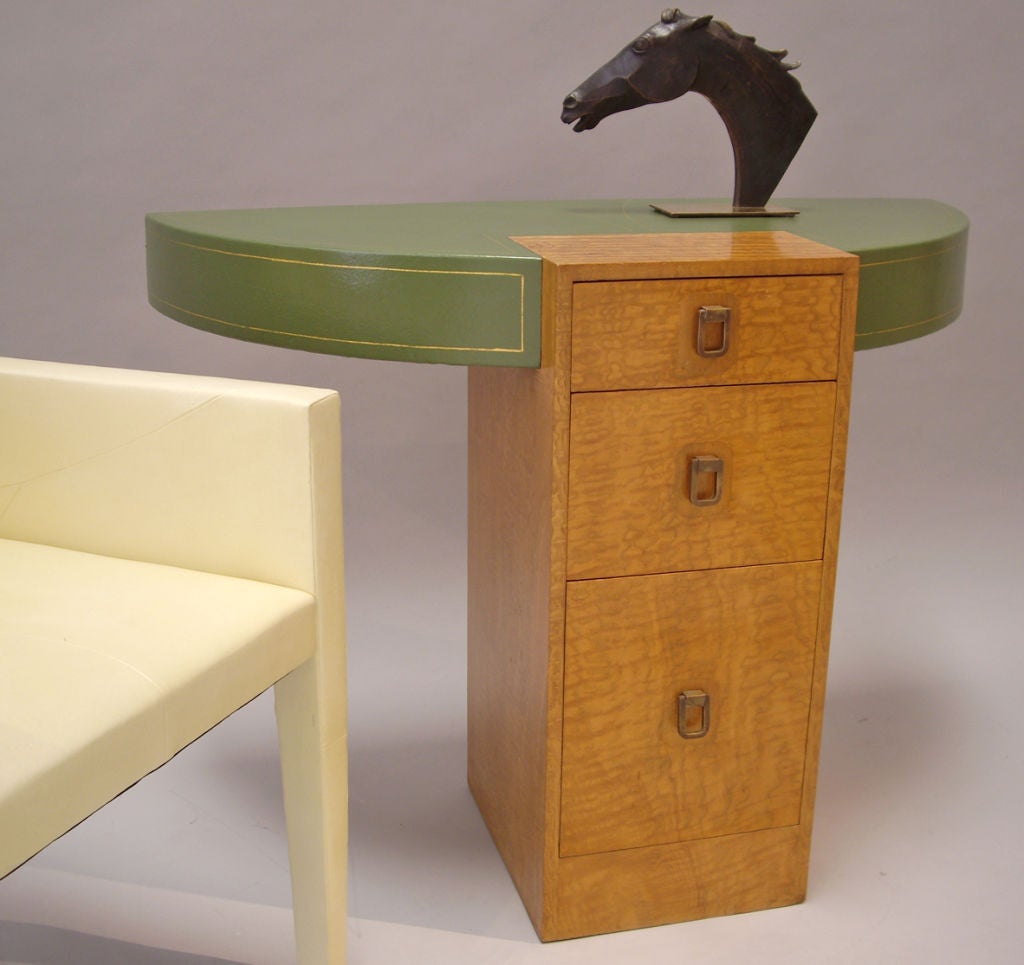 American Johann Tapp- 1940s Leather Top Console With Drawers