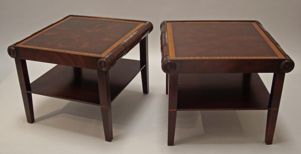 American 1940s Carved and Inlaid Wood Side Tables