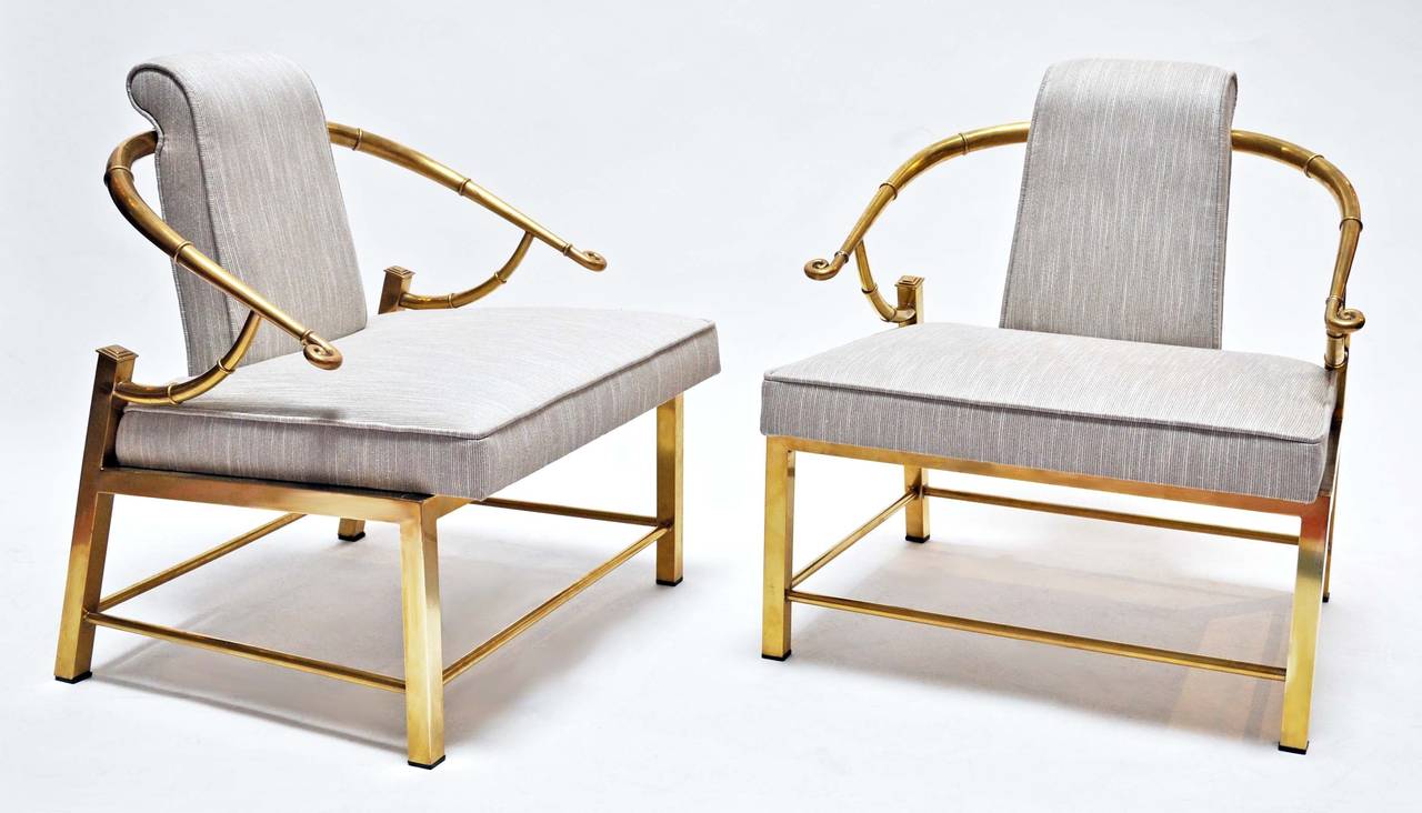 Beautiful pair of brass and upholstered chairs by Mastercraft. Newly upholstered. The brass has been polished but not lacquered.
The chairs are one half-inch different in size.
Price is for the pair.