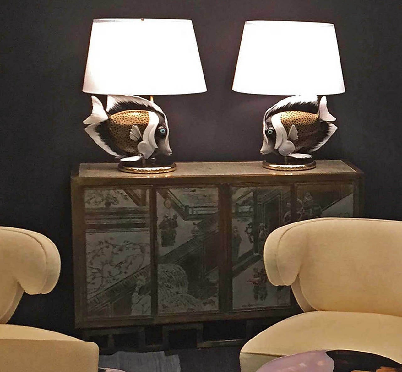 Glazed Italian Pair of Porcelain Fish Lamps