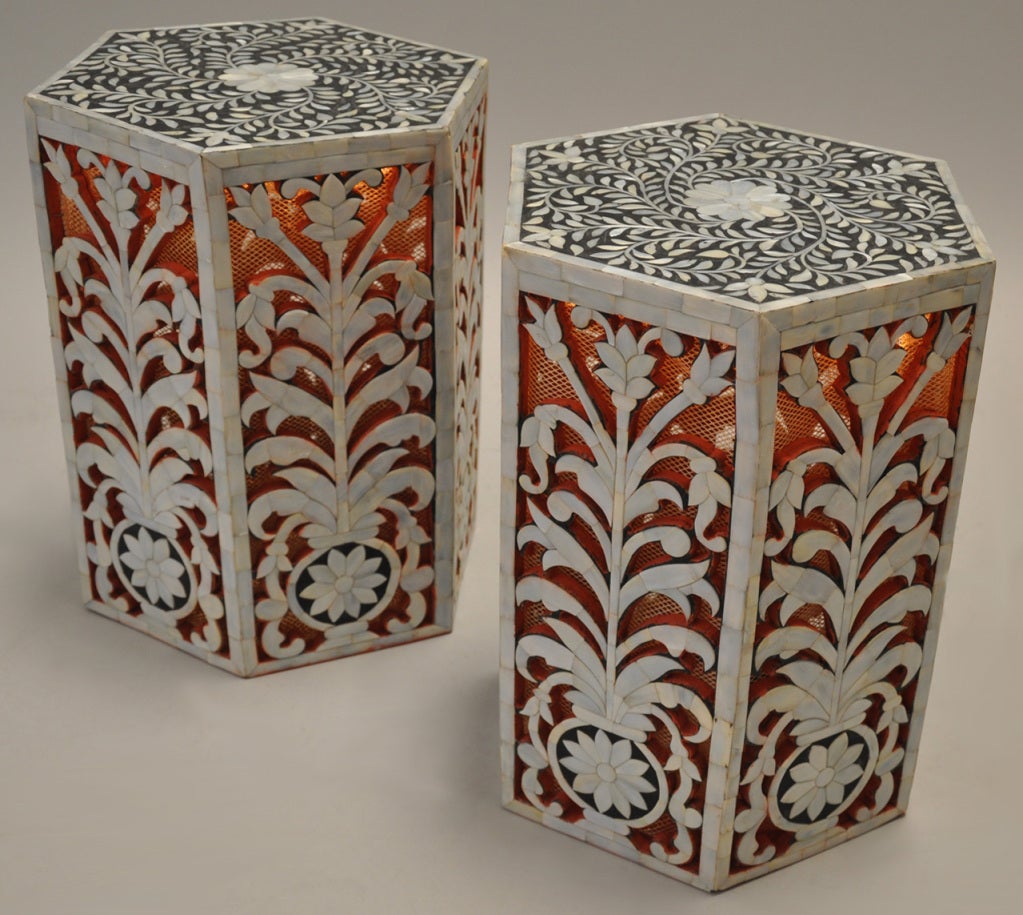 An illuminated pair of Indian mother of pearl and coral painted stools by Tony Duquette.
Price is for the pair.
Provenance: Tony Duquette Collection.