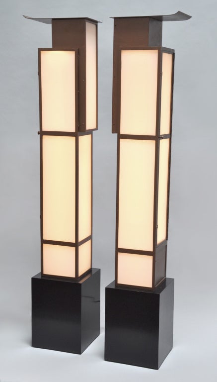 Pair of original custom lights designed by Jock Peters for the interior of the famous Bullocks Wilshire Department Store in Los Angeles California. These lights were wall mounted. They now stand on wood bases. A fine example of Bauhaus influenced