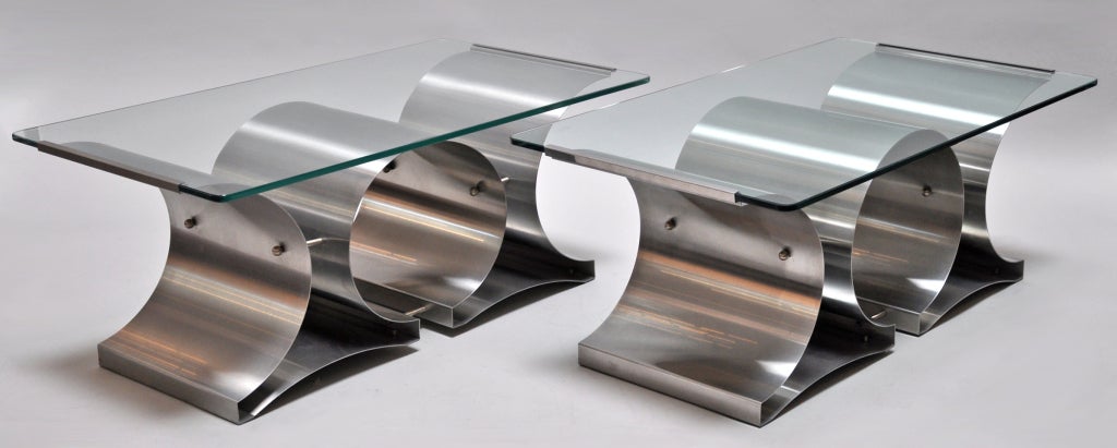 French Francois Monnet -Pair of Stainless Steel and Glass Tables
