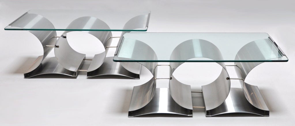 Late 20th Century Francois Monnet -Pair of Stainless Steel and Glass Tables
