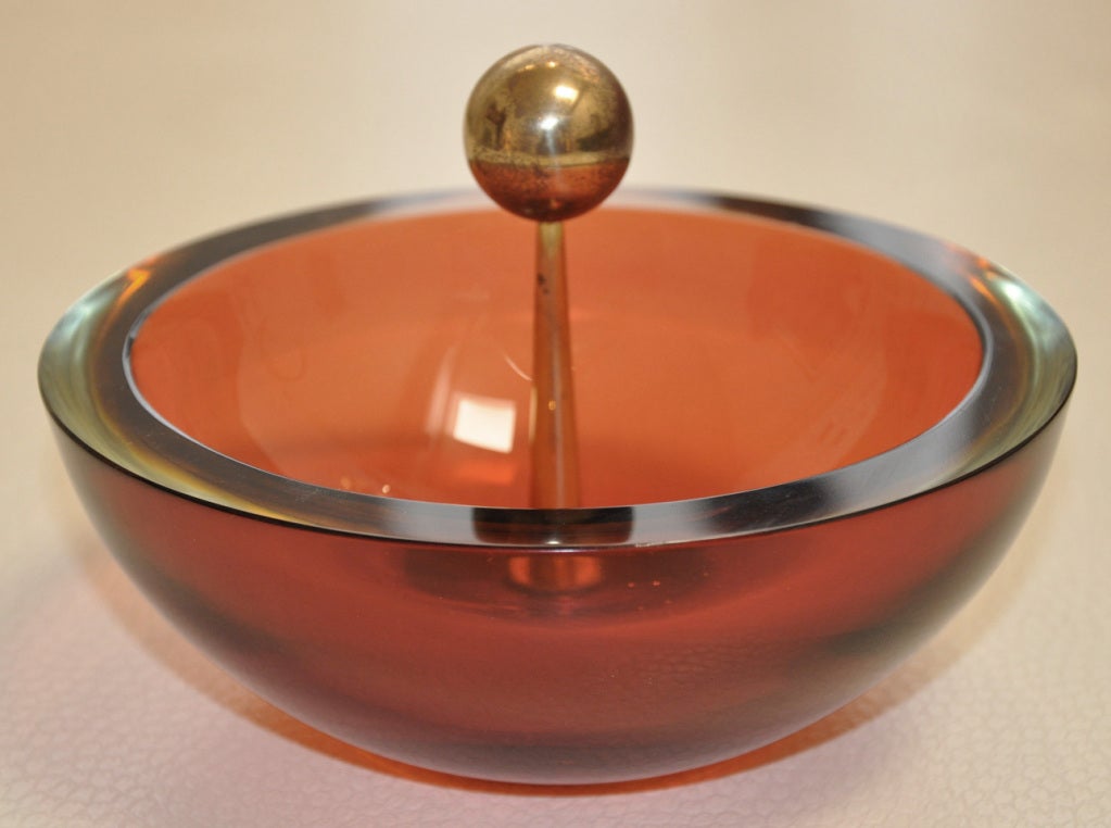 1950s Murano Glass Bowl with Brass Center Handle
