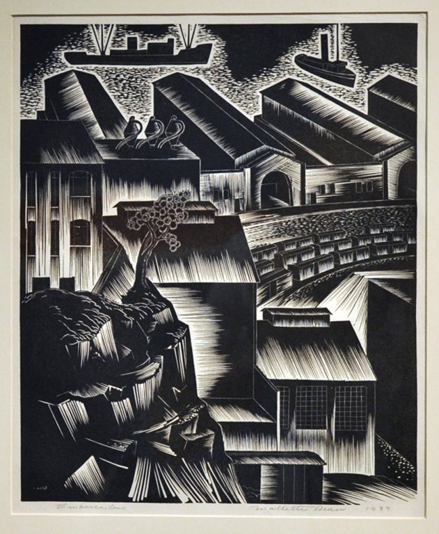 Linoleum cut print signed by the artist and dated 1937. Title: 