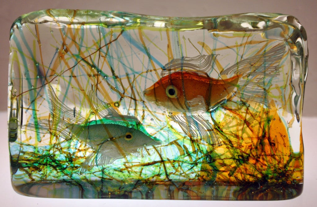 Hand blown, Murano glass aquarium block designed by Alfredo Barbini for Cenedese.