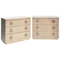 Pair of Grasscloth Covered Dressers with Brass Pulls