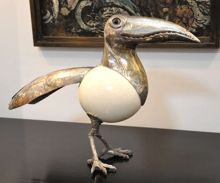 Ostrich egg and silver plated brass Toucan by Anthony Redmile.