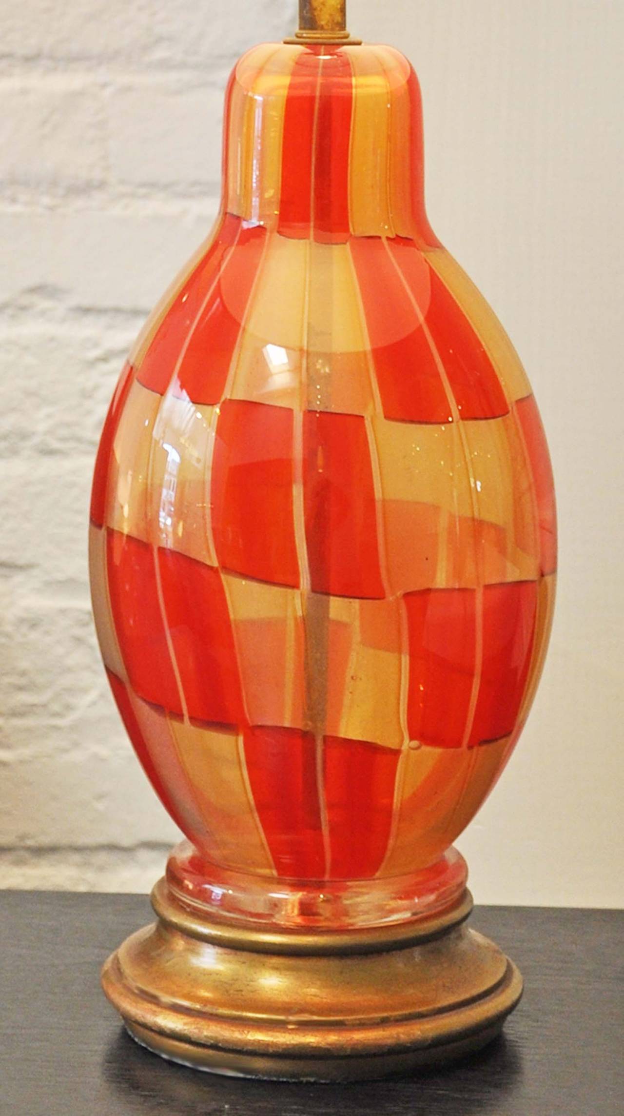 Beautiful handcrafted Murano glass, Italian table lamp. The shade is new, silk and is custom-made for this lamp. Overall height with shade is 29.75