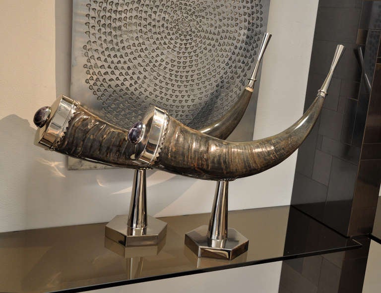 Anthony Redmile: Pair of Embellished and Mounted Horns In Excellent Condition In Los Angeles, CA