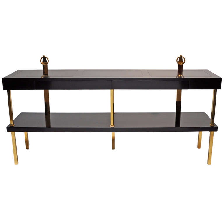 Brass and Lacquered Wood Console with Two Drawers