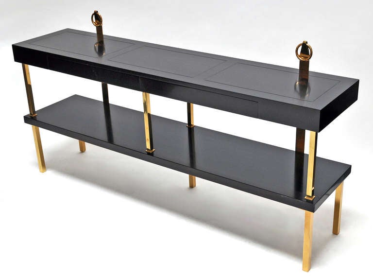 Mid-Century Modern Brass and Lacquered Wood Console with Two Drawers