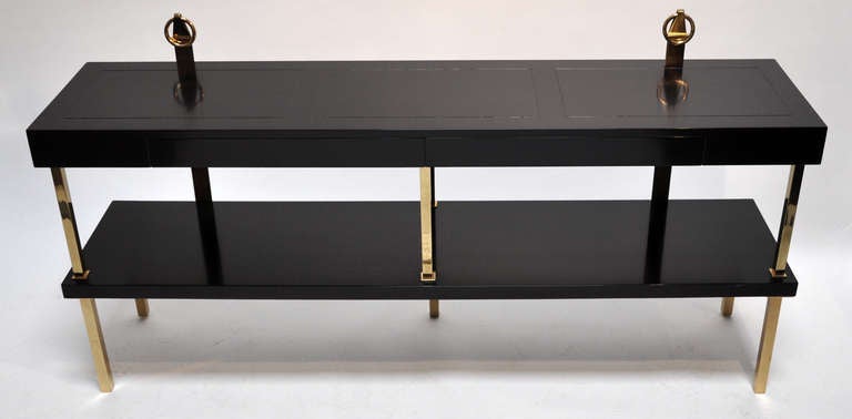 Mid-20th Century Brass and Lacquered Wood Console with Two Drawers