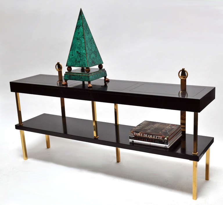 Brass and Lacquered Wood Console with Two Drawers In Excellent Condition In Los Angeles, CA