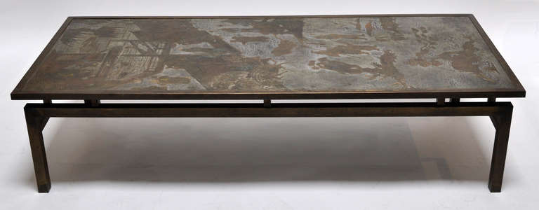 Exceptional - large - bronze coffee table by Philip and Kelvin LaVerne. Bronze with pewter overlay. This is a fine example of the work of New York artisans Philip and Kelvin LaVerne.