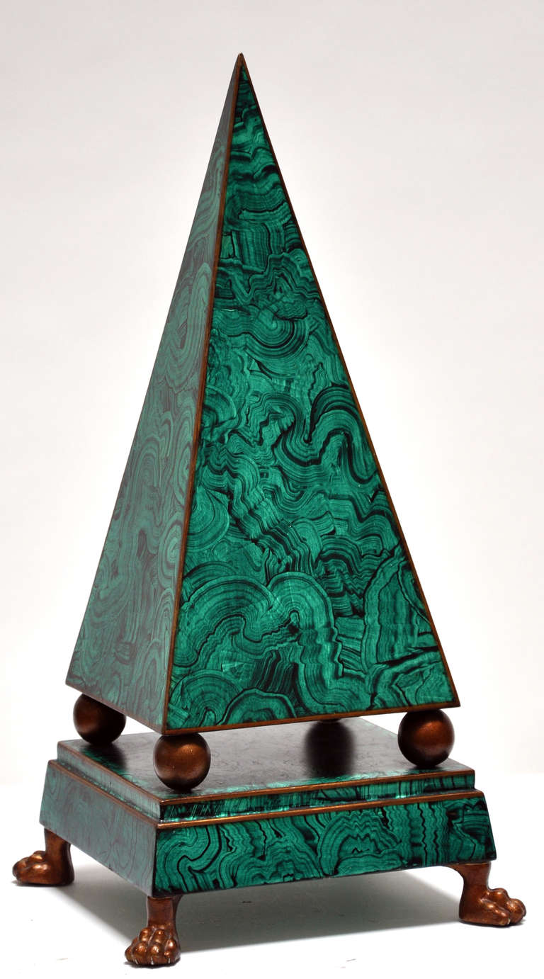 Italian 1960s faux malachite obelisk with brass feet.
Beautiful quality and construction.