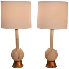 Pair of 1950s Marble Lamps with Custom Silk Shades