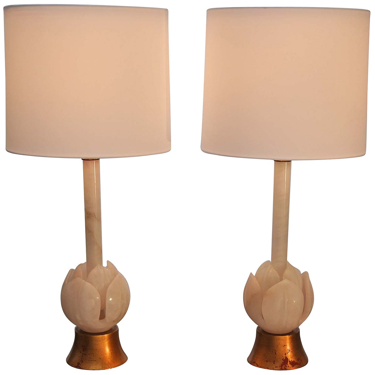 Pair of 1950s Marble Lamps with Custom Silk Shades