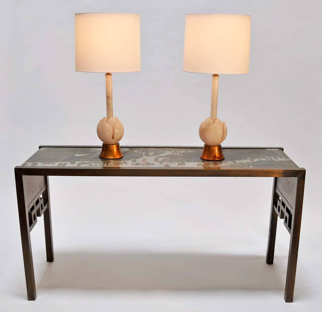 Mid-Century Modern Pair of 1950s Marble Lamps with Custom Silk Shades