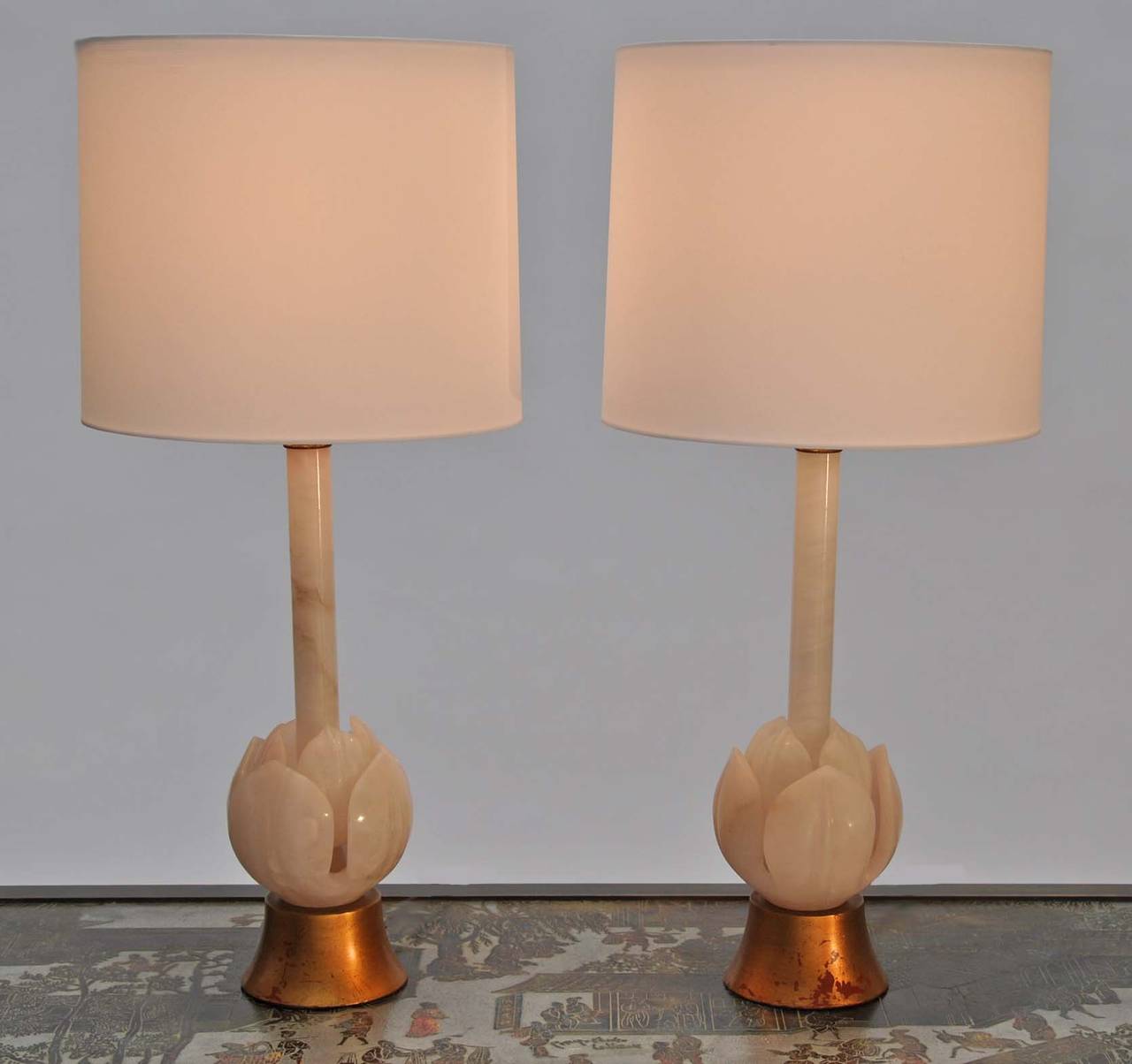 Italian Pair of 1950s Marble Lamps with Custom Silk Shades