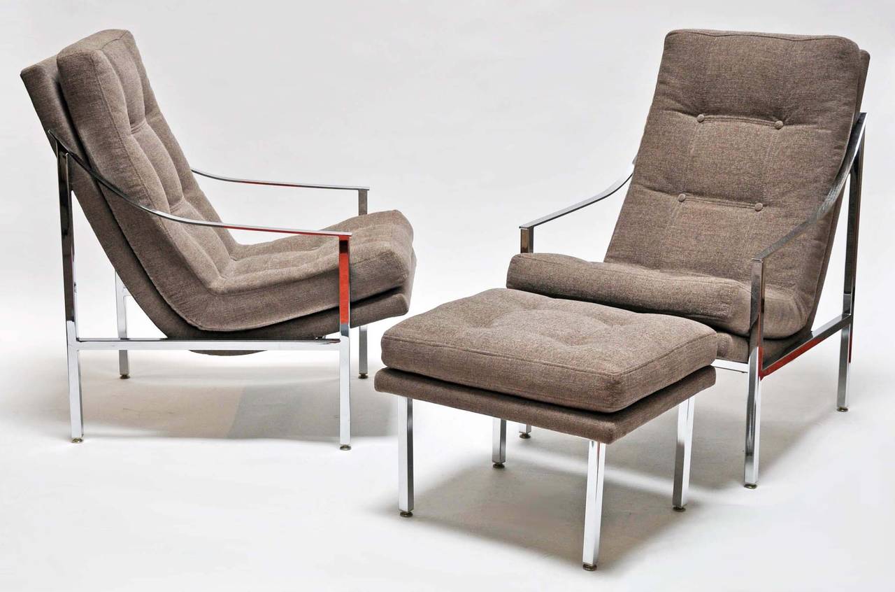American 1970s Milo Baughman Polished Chrome Upholstered Chairs and Ottoman