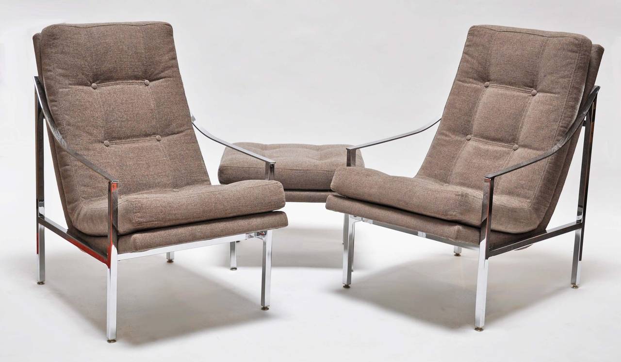Hand-Crafted 1970s Milo Baughman Polished Chrome Upholstered Chairs and Ottoman