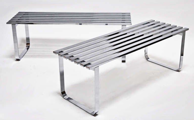 1970s polished chrome slat bench/table designed by Milo Baughman (American 1923 - 2003).

We now have only one bench available. Price is for one. Top quality design and construction.