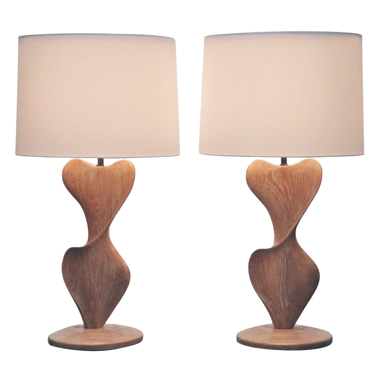 1950s Pair of Modernist Wood Lamps, Custom Silk Shades