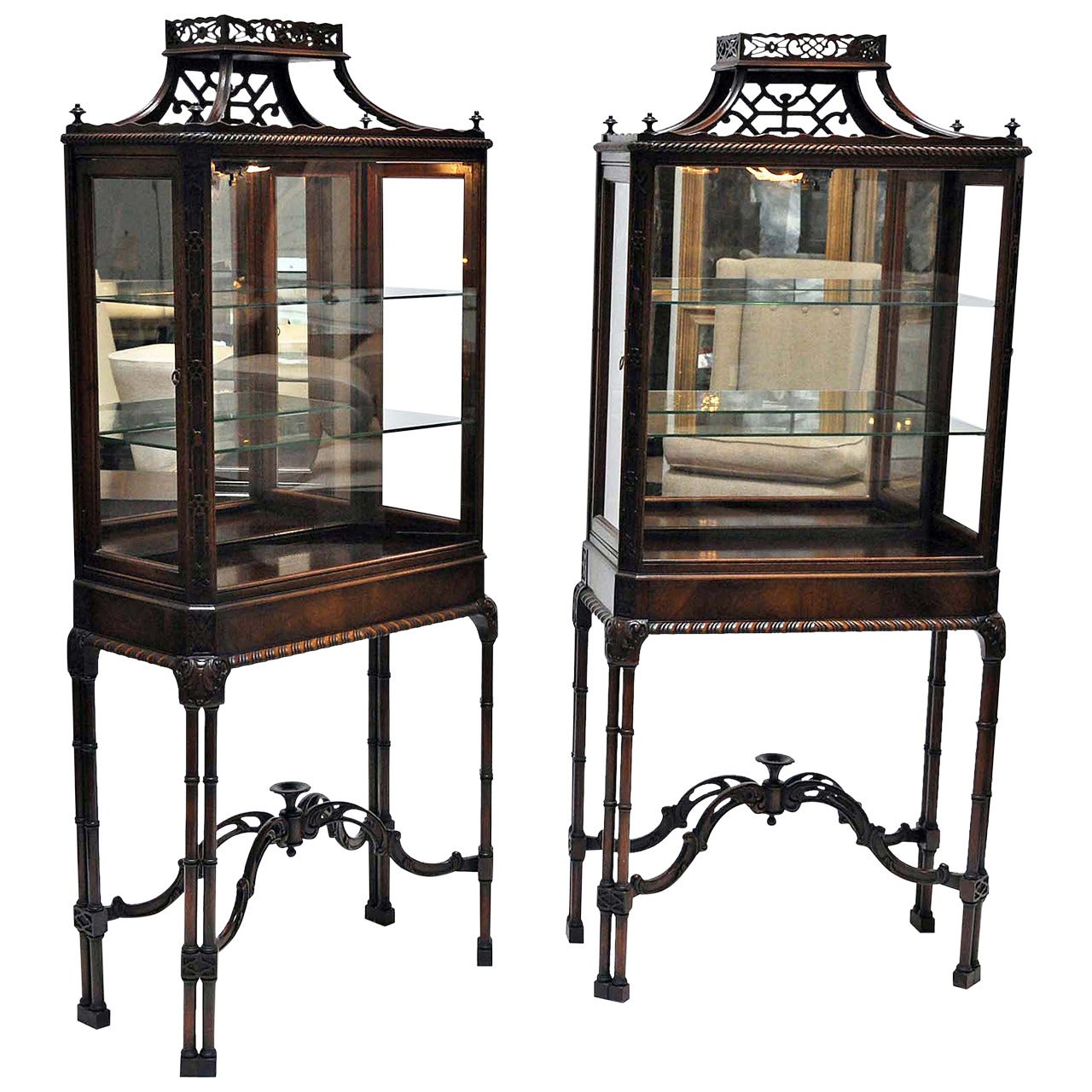 Exceptional Pair of 1940s Carved Walnut Glass Vitrines at 1stdibs