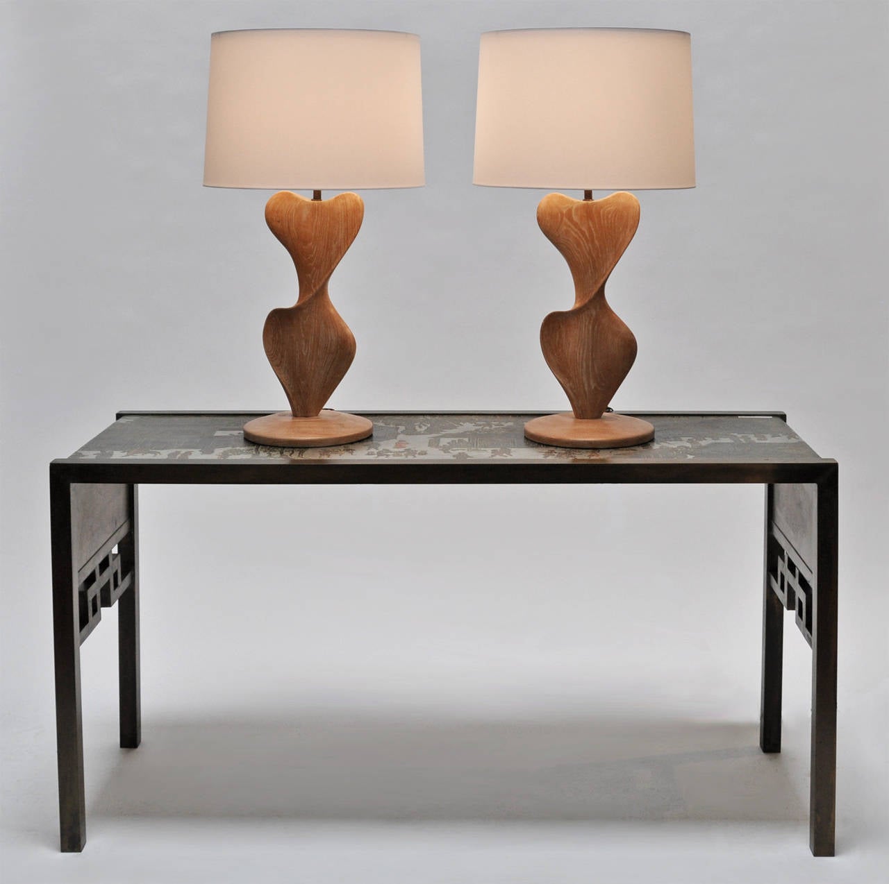 Mid-Century Modern 1950s Pair of Modernist Wood Lamps, Custom Silk Shades