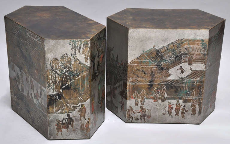 Rare pair of Chinoiserie, signed, etched bronze and pewter side tables. These were designed and crafted by New York artisans, father and son, Philip and Kelvin LaVerne.
Each table is has two signatures. One signature is in the design. The second
