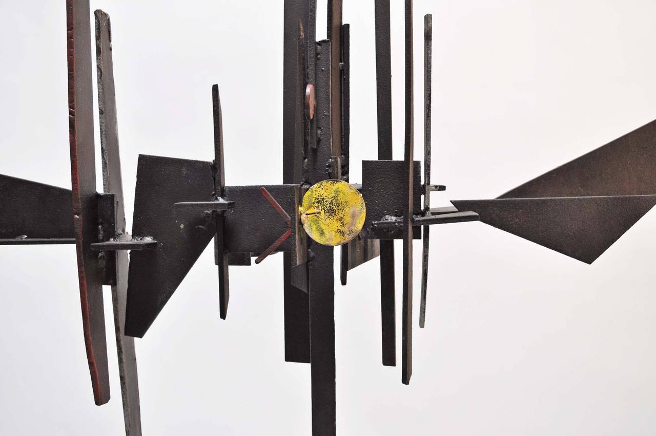 Large 1950s modernist abstract patinated and painted steel sculpture by Southern California artist Paul Kasper (American 1922- 2011). Kasper lived and worked in Whittier, California. He taught at Pasadena School of Fine Arts, Scripps, and Otis Art