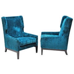 Pair of Blue Velvet Modern Wingback Chairs