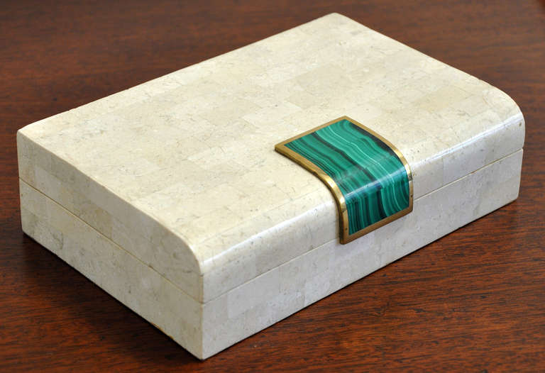 Beautiful hinged stone box by Maitland Smith. Wood interior. Brass with applied malachite finish. Top quality design and materials.