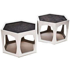 Pair of Hexagonal Occasional Tables in Dark Lacquered and Parchment Tops