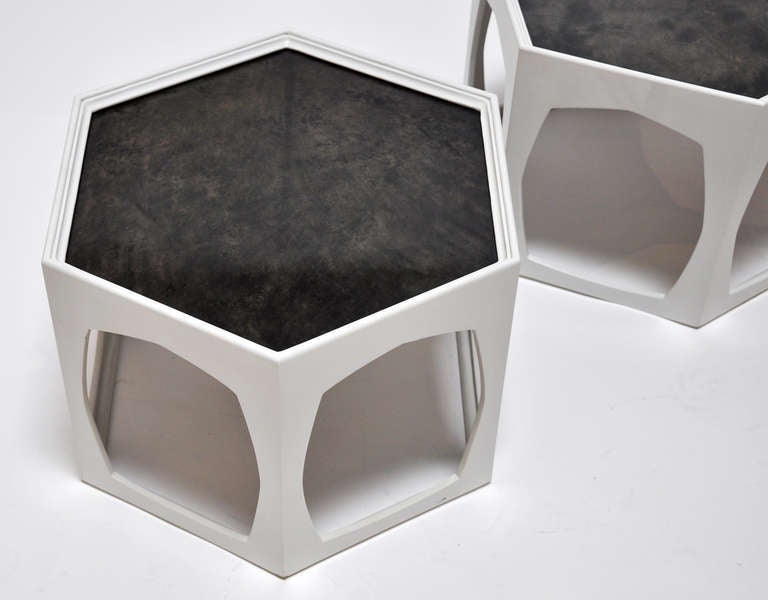 Modern Pair of Hexagonal Occasional Tables in Dark Lacquered and Parchment Tops