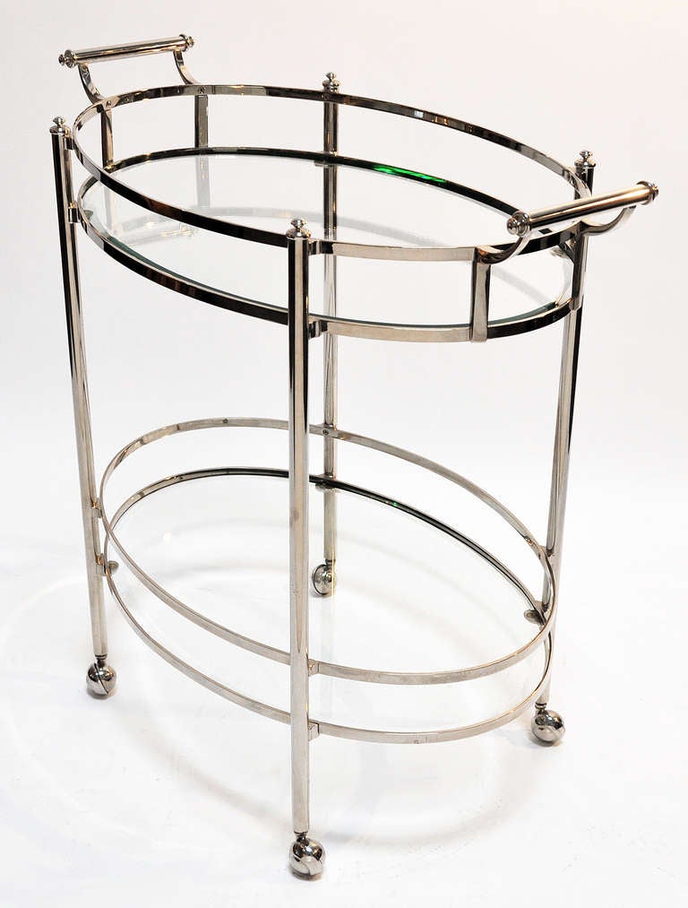 Modern Nickel Plated Serving Cart with Two Beveled Glass Shelves