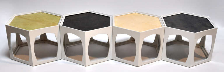 20th Century Pair of Hexagonal Occasional Tables in Dark Lacquered and Parchment Tops