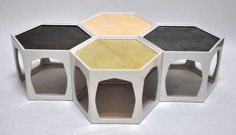 Pair of Hexagonal Occasional Tables in Dark Lacquered and Parchment Tops In Excellent Condition In Los Angeles, CA