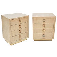 Pair of Small Grasscloth Clad Dressers or Night Stands with Brass Pulls