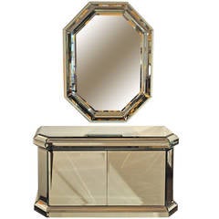 1970s Wall Mirror with Matching Mirror Clad Cabinet