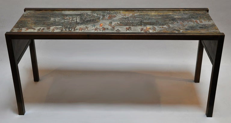 Signed console table by Philip and Kelvin LaVerne. Bronze with pewter overlay. This is a fine example of the work of New York artisans Philip and Kelvin LaVerne. This is ready for use.