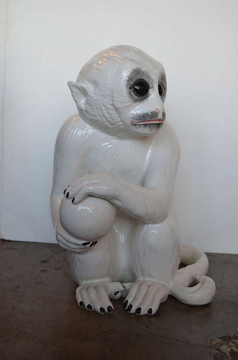 Massive Italian Ceramic Monkey with Ball In Excellent Condition In Palm Springs, CA